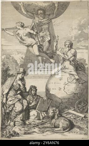 Atlas carries the world on his shoulders, Atlas carries the world on his shoulders and stands on a pedestal. To his left Faam blows the trumpet, to his right Neptune sits on a globe. In the foreground, on the far left, sits Cybele, the personification of earth, with a crown in the shape of walls and towers on her head and a key in her hand. Next to her, Geografia, personification of geography, describes a drawing board. Geografia is surrounded by various measuring instruments and holds a compass. A lion lies at her feet., print, print maker: Gerard de Lairesse, after drawing by: Gerard de Lair Stock Photo