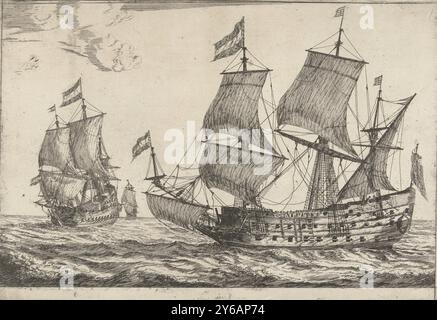 Two large warships, Thirteen scenes with ships (series title), Two large Dutch warships with crew at sea, a third ship on the horizon., print, print maker: Reinier Nooms, after own design by: Reinier Nooms, Netherlands, 1650 - 1664, paper, etching, height, 205 mm × width, 300 mm Stock Photo