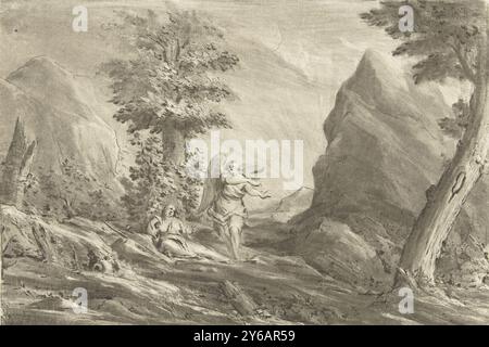 Hagar in the desert, Hagar lies on the ground in a mountainous landscape. An angel points her to a water source., print, print maker: Jurriaan Cootwijck, after drawing by: Eustache Lesueur, print maker: Amsterdam, after drawing by: Paris, 1759, paper, width, 184 mm × height, 125 mm Stock Photo