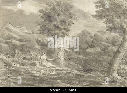 Hagar in the desert, Hagar lies on the ground in a mountainous landscape. An angel points her to a water source., print, print maker: Jurriaan Cootwijck, after drawing by: Eustache Lesueur, print maker: Amsterdam, after drawing by: Paris, 1759, paper, width, 187 mm × height, 131 mm Stock Photo