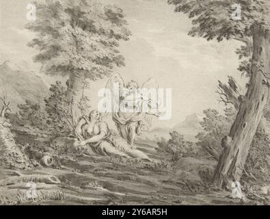 Hagar in the desert, Hagar lies on the ground in a mountainous landscape. An angel points her to a water source. On the right is Ishmael, Hagar's child, hidden under a bush., print, print maker: Jurriaan Cootwijck, after drawing by: Eustache Lesueur, print maker: Amsterdam, after drawing by: Paris, 1759, paper, width, 179 mm × height, 140 mm Stock Photo