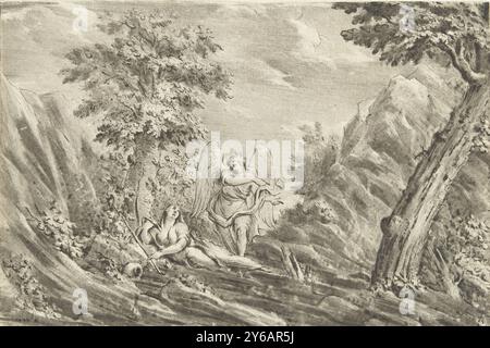 Hagar in the desert, Hagar lies on the ground in a mountainous landscape. An angel points her to a water source. On the right is Ishmael, Hagar's child, hidden under a bush., print, print maker: Jurriaan Cootwijck, after drawing by: Eustache Lesueur, print maker: Amsterdam, after drawing by: Paris, 1759, paper, width, 183 mm × height, 125 mm Stock Photo