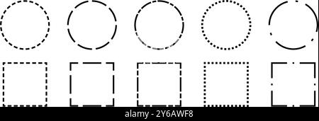 Black dashed frame collection. Dashed outline circle and square border set. Geometric dotted rectangular and round shape pack. Outline cut out element design bundle for poster, banner, flyer. Vector Stock Vector