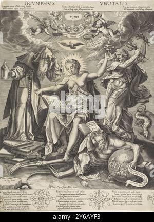 Triumph of Truth, Triumphus veritatis (title on object), In the center is enthroned the personification of Truth, who identifies himself with Christ. On her lap was an open book with Biblical proverbs. She holds up a burning oil lamp as the light of the world. Her foot rests on a creature, the Lie, half of which consists of a skeleton and the other half of which is a woman. The creature embraces a globe with a cross. On the left is the personification of the (incorrect) Opinion in the form of an old man in a habit with glasses and a lantern, standing on a stack of books. On the right the perso Stock Photo