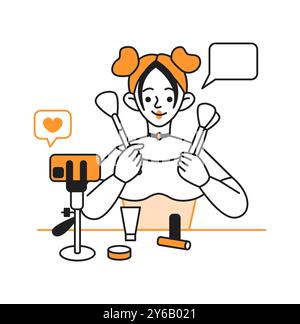 Woman shows makeup tutorial during stream line vector icon Stock Vector
