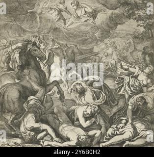 Apollo and Diana kill Niobe's children, Apollo and Diana fire arrows from a cloud at Niobe's children to avenge her. Niobe's sons and daughters lie dead on the ground. Others are still trying to escape their fate., print, print maker: Jan van Ossenbeeck, (mentioned on object), after drawing by: Nikolaas van Hoy, (mentioned on object), after painting by: Jacopo Palma, (mentioned on object), Brussels, in or after 1660, paper, etching, engraving, height, 275 mm × width, 272 mm Stock Photo