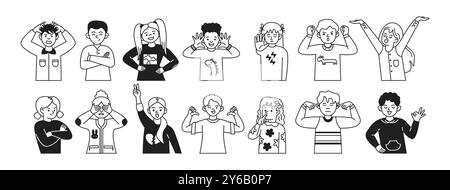 Teenagers show emotions using gestures linear icons set Stock Vector