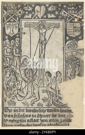 Christ on the Cross with Saint Francis and the Last Judgment, Saint Francis kneels before the crucified Christ at his right hand and receives the stigmata. Behind Francis stands his brotherhood. The front brother holds a crucifix with both hands. On the left of the print, people rise from the dead and enter the gates of heaven on the right. At the top of the print are depicted the pierced heart, feet and hands of Christ and a papal coat of arms on both sides. On the right the coat of arms of Pope Alexander VI, on the left that of Pope Julius II. Below the image is a four-line caption., print, Stock Photo