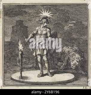 Roman soldier is stalked by a lion, The Emergency Guard, print, print maker: Jan Luyken, (mentioned on object), publisher: weduwe Pieter Arentsz & Cornelis van der Sys (II), Amsterdam, 1710, paper, etching, height, 87 mm × width, 82 mm Stock Photo