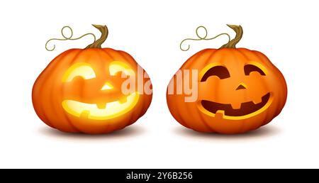 Jack-o-lanterns with happy silly faces realistic icons set Stock Vector