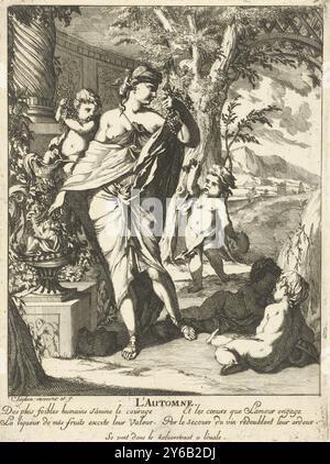 Autumn, L'Automne (title on object), The four seasons (series title), Standing young woman with bunches of grapes in her hands. Around her four children playing. In the margin a four-line French verse on autumn. The print is part of a four-part series with representations of the four seasons., print, print maker: Caspar Luyken, (mentioned on object), after own design by: Caspar Luyken, (mentioned on object), anonymous, 1698 - 1708, paper, etching, height, 251 mm × width, 186 mm Stock Photo