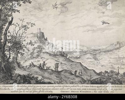 Landscape with the fall of Icarus, In a vast hilly landscape, the shepherds and hikers do not notice how Icarus flies too close to the sun. The heat melts his wings, causing him to fall to the ground. His father Daedalus flies below him and sees the accident happen. On the left on a hill a walled city with a castle. A river flows through the valley into which two fishermen have cast their fishing rod., print, print maker: Claes Jansz. Visscher (II), (mentioned on object), after design by: Gerard van der Horst, (mentioned on object), publisher: Claes Jansz. Visscher (II), (mentioned on object), Stock Photo