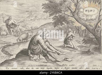 God appears to Moses in the burning bush, History of Moses before the Exodus (series title), Historia plagarum in Aegijpto (series title), In the foreground Moses takes off his shoes. In the second plan on the right, Moses kneels before the burning bush above which the tetragrammaton of God appears. In the background on the left, Moses is herding sheep. The print has a Latin inscription., print, print maker: Johann Sadeler (I), (mentioned on object), after design by: Marten van Cleve (I), publisher: Claes Jansz. Visscher (II), (mentioned on object), print maker: Antwerp, publisher: Amsterdam, Stock Photo