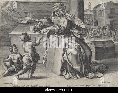 Allegory of Mercy, Beneficentia (title on object), The three favors desired by man (series title), The female personification of Mercy (Beneficentia) hands over money to two children. In her hand the opened stick purse. A little dog lies at her feet. Against her legs are the tables of the law. Next to her on an altar, a pelican feeds her young. Works of mercy are depicted in the background on the right. A caption in Latin in the margin., print, print maker: Johannes Wierix, (mentioned on object), after design by: Ambrosius Francken (I), publisher: Peeter Baltens, (mentioned on object), Antwerp Stock Photo