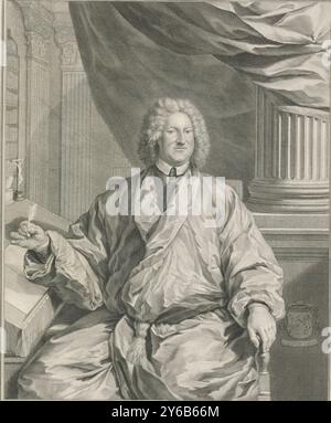 Portrait of Jacobus Ignatius Krijs, Kneepiece of Jacobus Ignatius Krijs sitting at a writing table, on which a crucifix. In his hand a writing quill. Behind him a column and a curtain, behind it two pilasters and bookcases. To his right a church coat of arms., print, print maker: Jacob Houbraken, after drawing by: Jan Wandelaar, Amsterdam, 1724 - 1780, paper, engraving, height, 381 mm × width, 311 mm Stock Photo