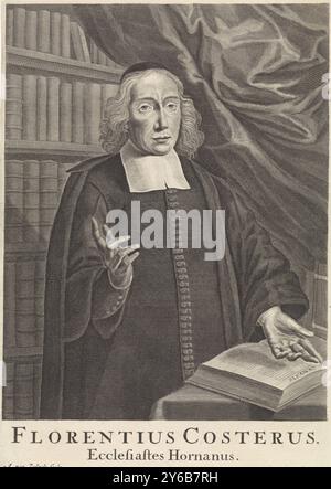 Portrait of Florentius Costerus, Portrait of Florentius Costerus, preacher in Hoorn, standing by a Bible in his study, open to the book of Genesis., print, print maker: Anthony van Zijlvelt, (mentioned on object), Amsterdam, 1687 - 1695, paper, engraving, height, 320 mm × width, 223 mm Stock Photo