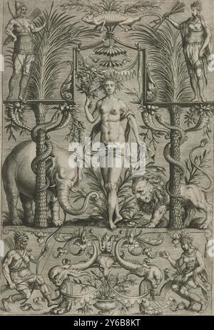 Africa, Africa (title on object), The four continents (series title), The personification of Africa, standing on a pedestal surrounded by ornamental decorations. She holds a bundle of branches in her hands and is flanked by an elephant and a lion. Above her a chameleon and two Africans. At the bottom of the print two sea monsters. The print is part of a series about the four continents., print, print maker: Philips Galle, (attributed to workshop of), after design by: Marcus Gheeraerts (I), (mentioned on object), publisher: Philips Galle, (mentioned on object), print maker: Antwerp, after desig Stock Photo