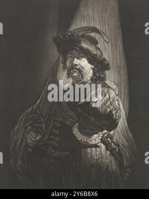 Standard bearer, print, print maker: Pieter Louw, (mentioned on object), after painting by: Rembrandt van Rijn, (mentioned on object), publisher: Pierre Fouquet, (mentioned on object), Amsterdam, 1743 - 1772, paper, engraving, height, 397 mm × width, 293 mm Stock Photo