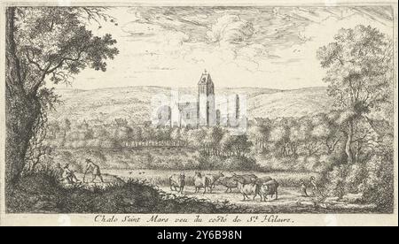 View of Chalo-Saint-Mars, Chalo Saint Mars veu du costé de St. Hilaire (title on object), Views of Longuetoise castle and surroundings (series title), A landscape with cows and a view of the church and the houses of Chalo- Saint-Mars. In the meadow a shepherd and shepherdess and three people under a tree., print, print maker: Albert Flamen, after design by: Albert Flamen, Lodewijk XIV (koning van Frankrijk), print maker: Paris, after design by: Paris, France, 1648 - 1672, paper, etching, height, 123 mm × width, 215 mm Stock Photo