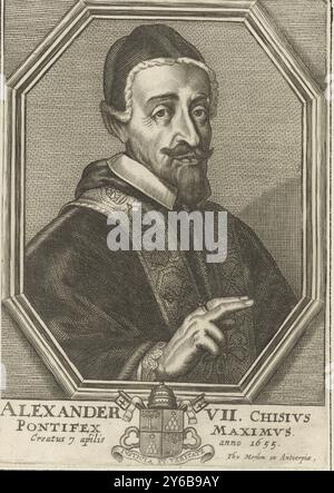 Portrait of Pope Alexander VII, Portrait of Pope Alexander VII, dressed in papal robes, his head adorned with a camauro. Right below his papal coat of arms., print, print maker: Theodor van Merlen (II), publisher: Theodor van Merlen (II), (mentioned on object), Antwerp, 1619 - 1672, paper, engraving, height, 164 mm × width, 114 mm Stock Photo