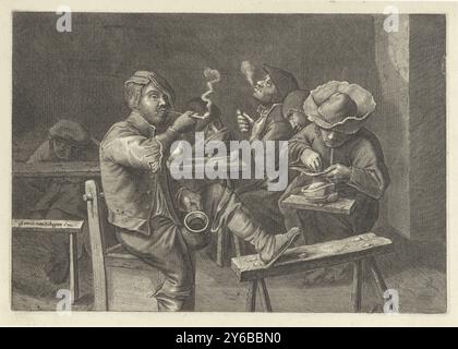 Smoking farmers around a table. In an interior, six farmers sit around a table. The farmer at the front left smokes a pipe and holds a jug. The farmer on the right places tobacco on a leaf. Behind him, a man blows out smoke., print, print maker: Gerrit Lucasz van Schagen, after painting by: Adriaen Brouwer, publisher: Gerrit Lucasz van Schagen, (mentioned on object), Amsterdam, 1656 - 1690, paper, engraving, etching, height, 169 mm × width, 247 mm Stock Photo