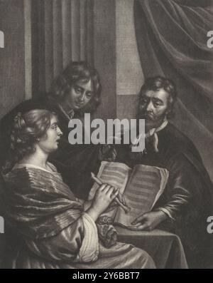 Flute player, A young woman plays a flute in the presence of two men, one of whom holds open a music book., print, print maker: Wallerant Vaillant, after painting by: Gerard Pietersz. van Zijl, 1658 - 1677, paper, height, 308 mm × width, 242 mm Stock Photo