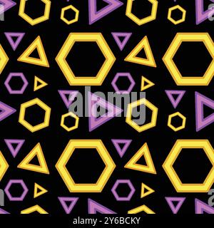 Yellow hexagons and purple triangles on black background Stock Vector