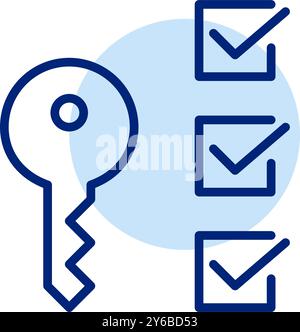 Key and checklist. Secure access, task verification. Pixel perfect, editable stroke vector icon Stock Vector