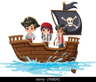 Three kids dressed as pirates on a ship Stock Vector