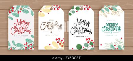 Christmas gift tags card vector set design. Merry christmas greetings text xmas tags collection with watercolor leaves and holly berry in water color Stock Vector