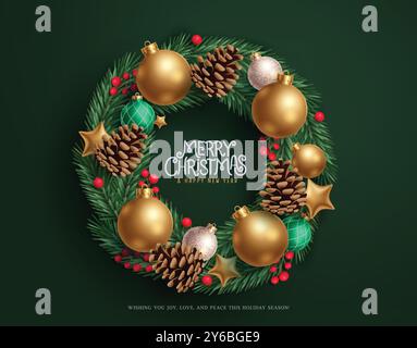 Christmas wreath garland vector design. Wreath chaplet xmas elements with gold balls, spruce, stars and holly berry decoration ornaments in green Stock Vector