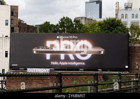 Brooklyn, USA. 24th Sep, 2024. A billboard for Apple iPhone 16 Pro is seen in Brooklyn Heights, Brooklyn, NY on Tuesday, September 24, 2024. Future operating system updates for the new iPhone are said to have unprecedented artificial intelligence capabilities, prompting concern about consumer privacy and security. (Photo by Cristina Matuozzi/SIPA USA) Credit: Sipa USA/Alamy Live News Stock Photo