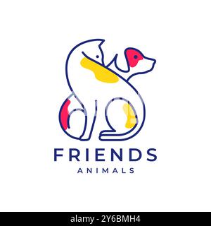 cat and dog pets friends line art abstract colorful modern minimal logo vector icon illustration Stock Vector
