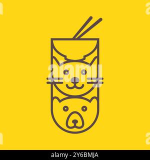 animal cat and bear noodle food bowl lines minimal mascot logo vector icon illustration Stock Vector