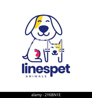 dog and cat friends line art pets colorful modern abstract mascot cute logo vector icon illustration Stock Vector