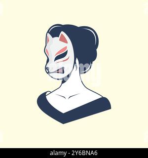mask cat kitsune japan women beauty culture traditional mascot logo vector icon illustration Stock Vector