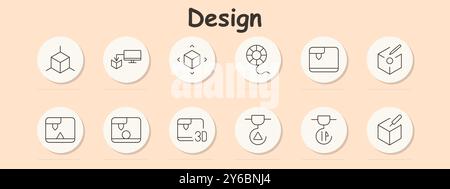 Design set icon. Computer, cube movement, filament reel, 3D printer, object creation, design cube, settings, triangle, printing error, edit cube, prec Stock Vector