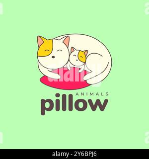 cat and kitten family sleep pillow relax cartoon mascot cute colorful logo vector icon illustration Stock Vector