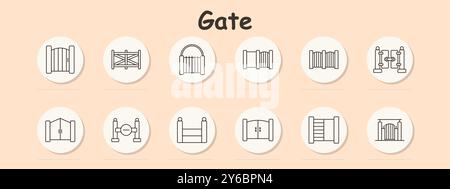 Gate set icon. Wooden, cross, arched, entrance, fence, security gate, double door, iron, closed, garden, wooden fence, entryway, barrier, boundary Stock Vector