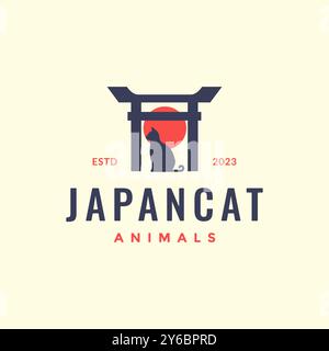 japanese cat pets gate torii culture vintage minimal hipster logo vector icon illustration Stock Vector