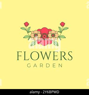 flower garden colorful old line art simple frame logo vector icon illustration Stock Vector