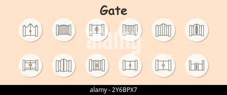 Gate set icon. Wooden, cross, arched, entrance, fence, security gate, double door, iron, closed, garden, wooden fence, entryway, barrier, boundary Stock Vector