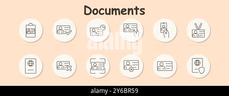 Documents set icon. Clipboard, ID card with checkmark, clock with card, hand holding ID, mobile , lanyard, passport, rejected, document verification, Stock Vector