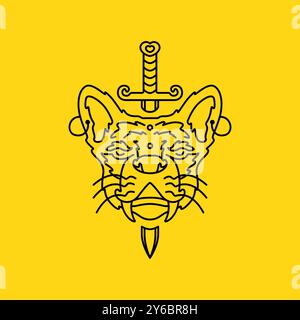 ancient tiger with swords lines minimal simple mascot logo vector icon illustration Stock Vector