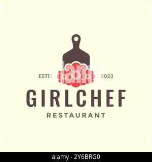 feminine chef cooking cutting board flowers hipster simple logo icon vector illustration Stock Vector