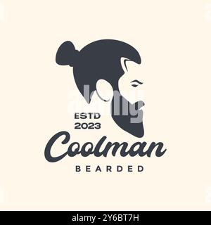 man hairstyle bun bearded barbershop mascot vintage simple logo icon vector illustration Stock Vector