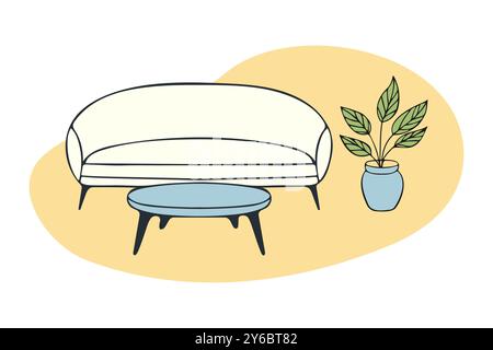 Interior minimalist style cozy white sofa and coffee table and flowerpot, contour stylized drawing on yellow shape.. Vector illustration Stock Vector