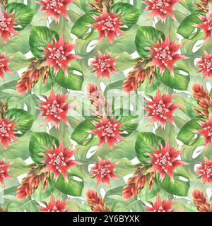 Tropical plant watercolor seamless pattern Green leaves and red flowers summer fabric. Bromeliad buds, exotic greenery. Botanical realistic design Stock Photo