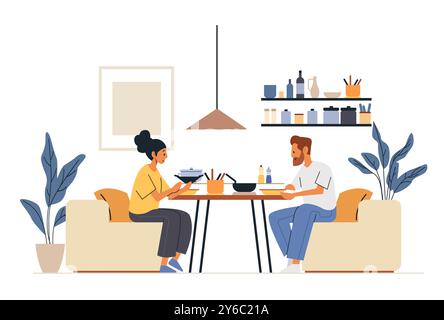 Couple dining together home kitchen interior cooking utensils plants minimalist decor cozy atmosphere Stock Vector