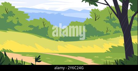 Scenic landscape with lush green hills and trees Pathway leading through fields and forests in the foreground Mountains in the distance Bright and Stock Vector